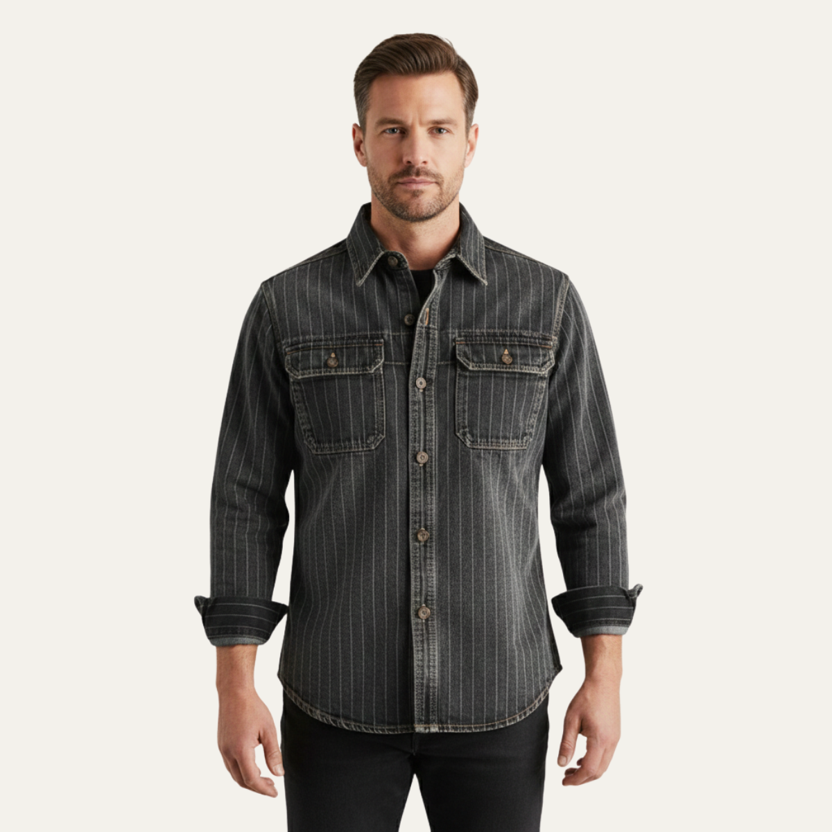 Men's Denim Shirt Jacket Vertical Stripe Dark Blue