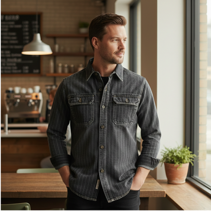 Men's Denim Shirt Jacket Vertical Stripe Dark Blue