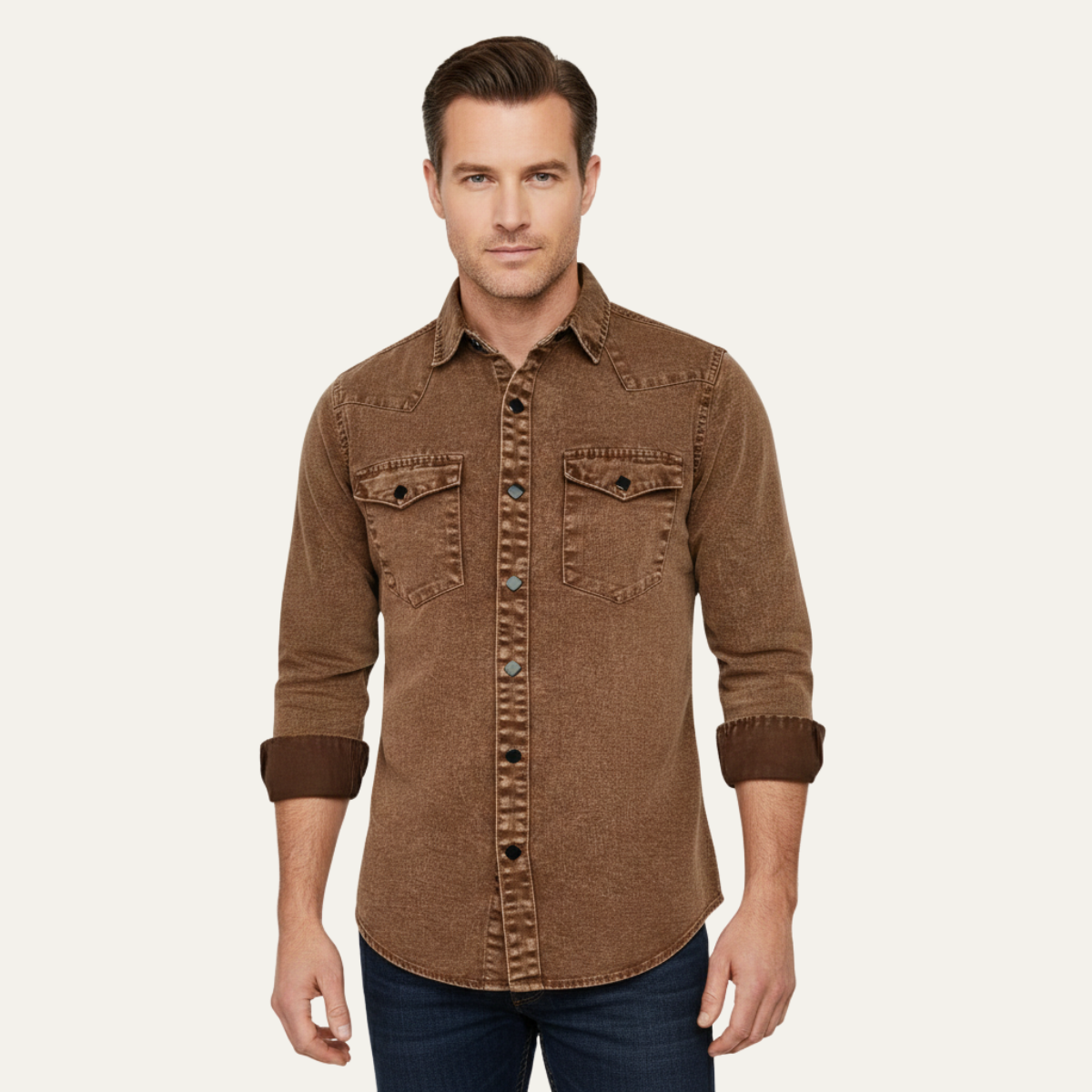 Men's Denim Shirt Brown Vintage Washed Cotton