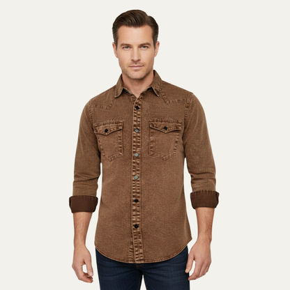 Men's Denim Shirt Brown Vintage Washed Cotton