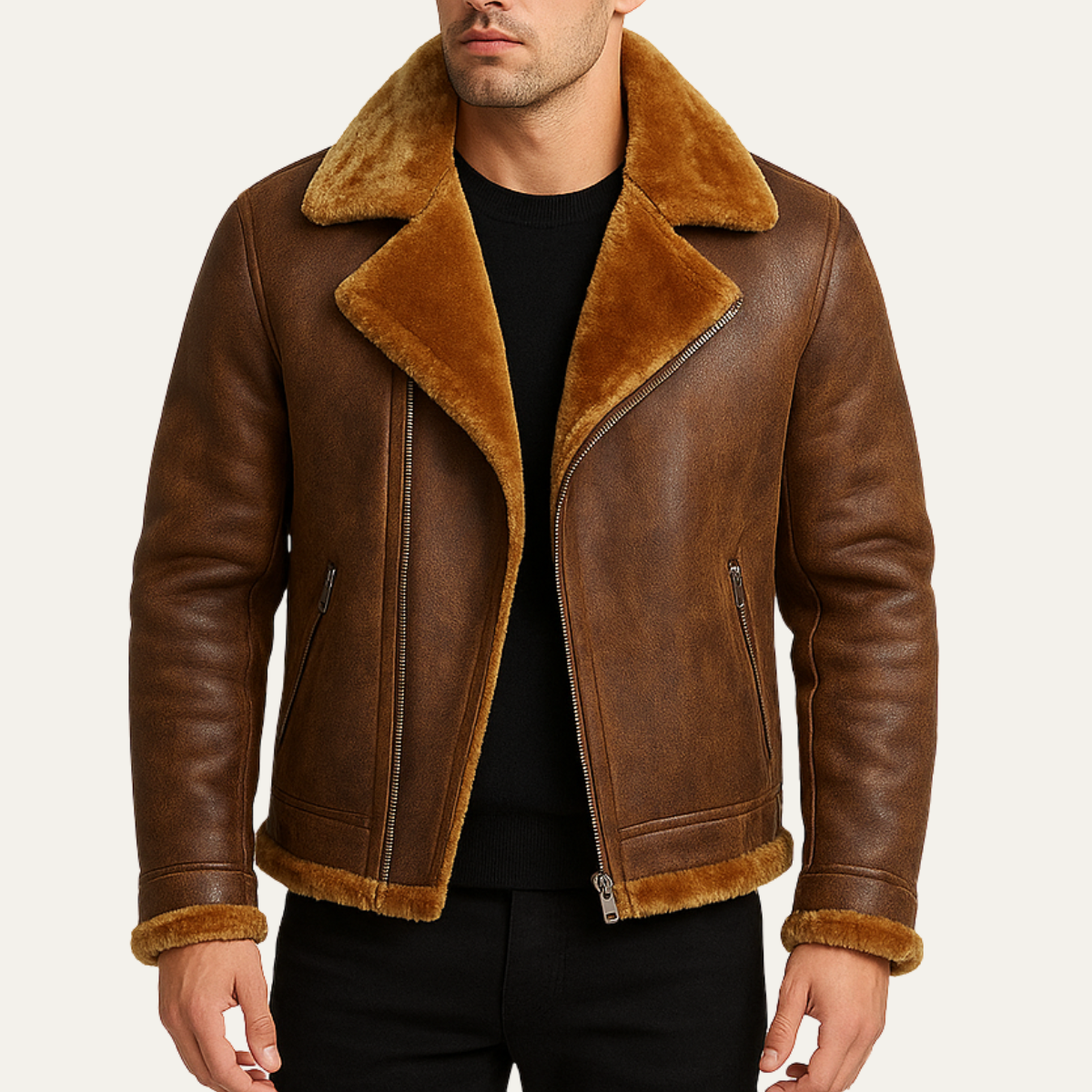 Men's Leather Aviator Jacket Winter Fleece Lined
