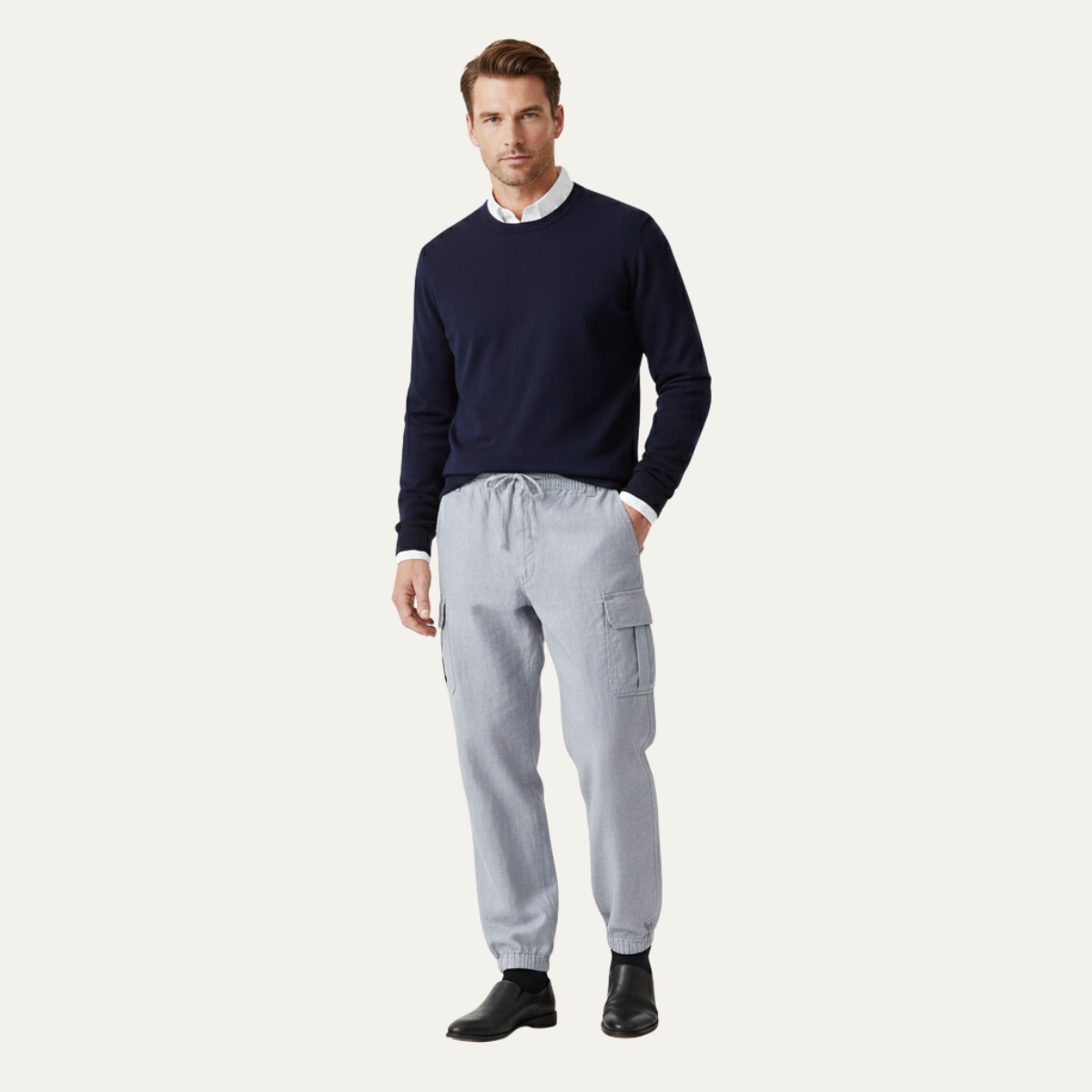 Men's Cotton Cargo Pants Loose Fit Multi Pocket Soft Gray