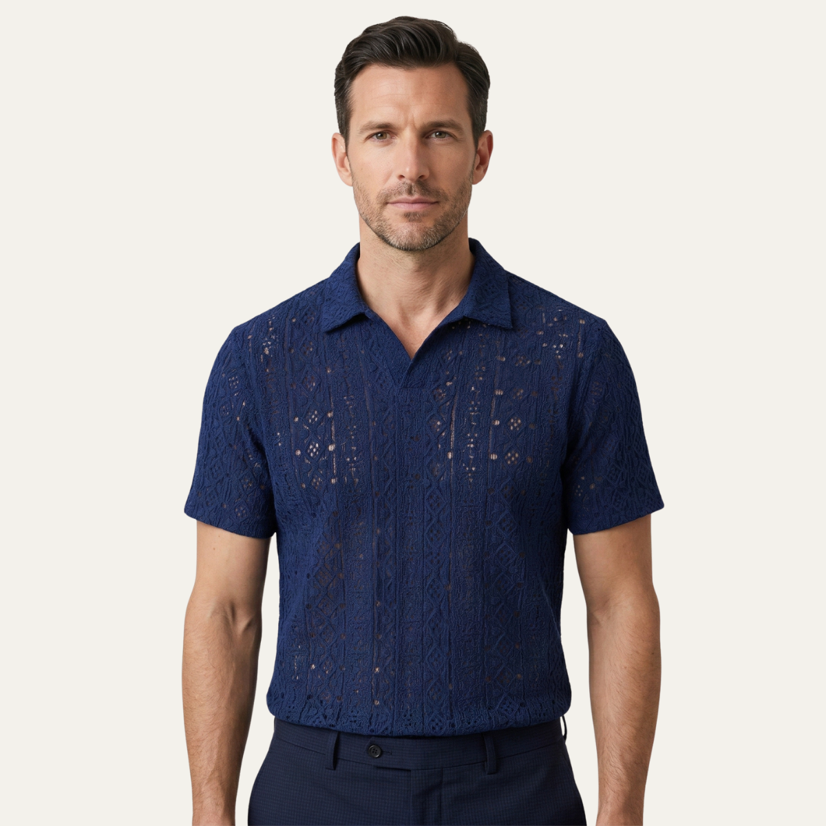 Men's Crochet Knit Polo Shirt Navy Blue
