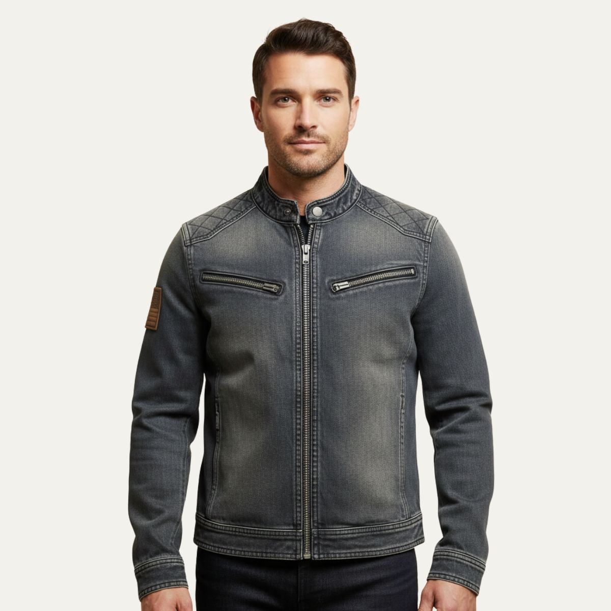 Men's Slim Fit Denim Jacket Zip Collar