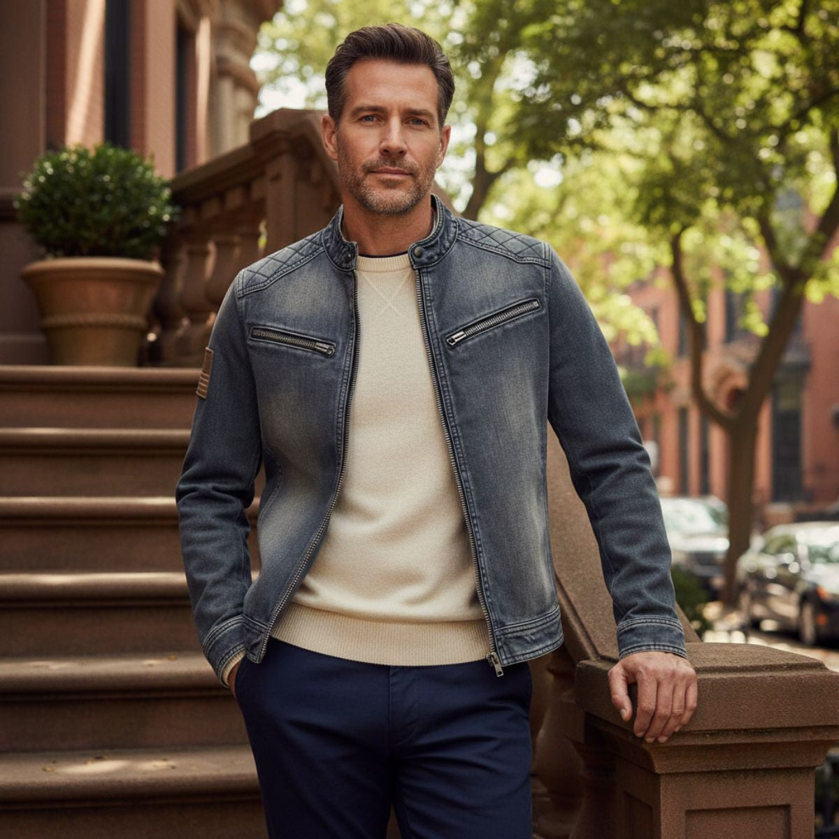 Men's Slim Fit Denim Jacket Zip Collar