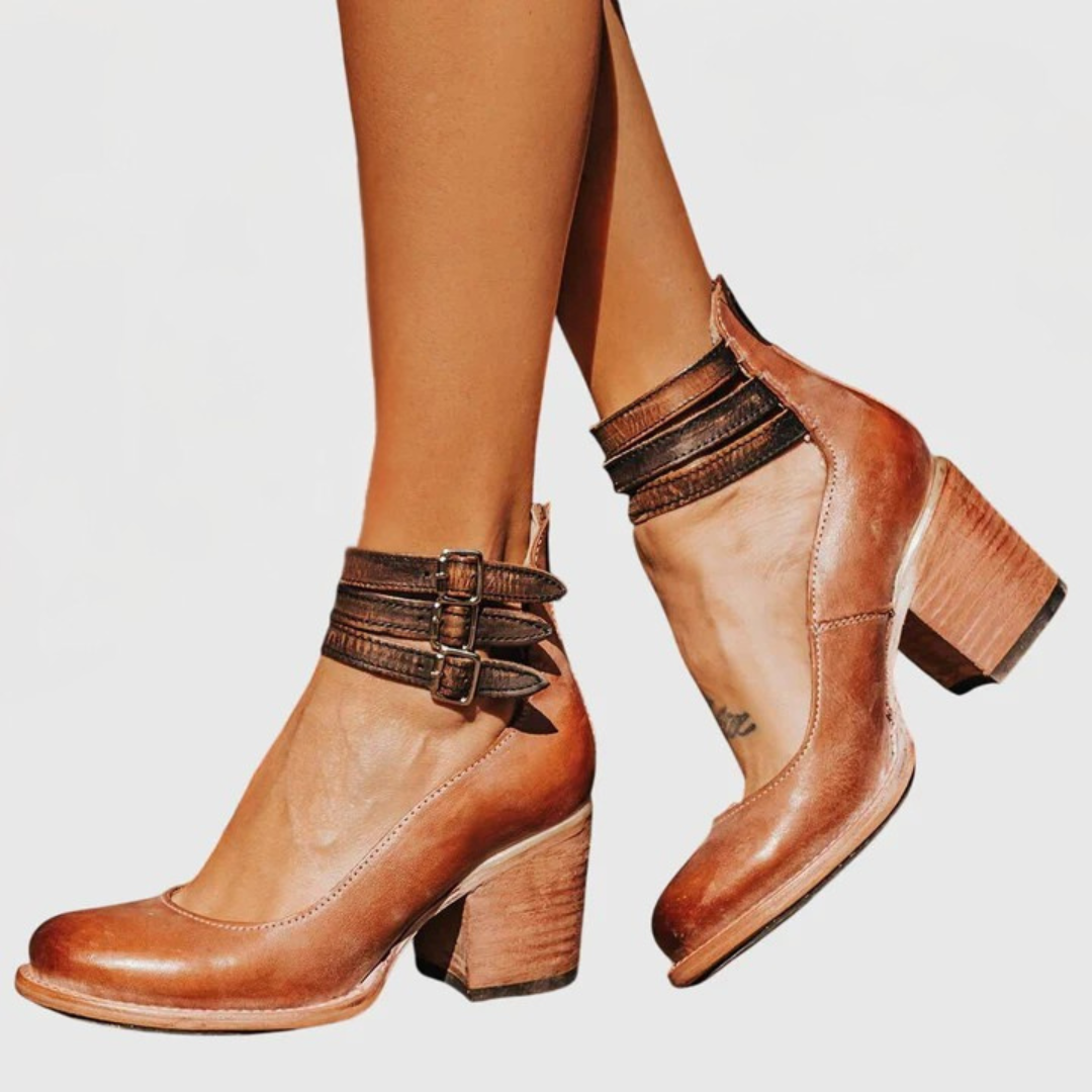 Ladies Buckled Ankle Block Heel Boots
