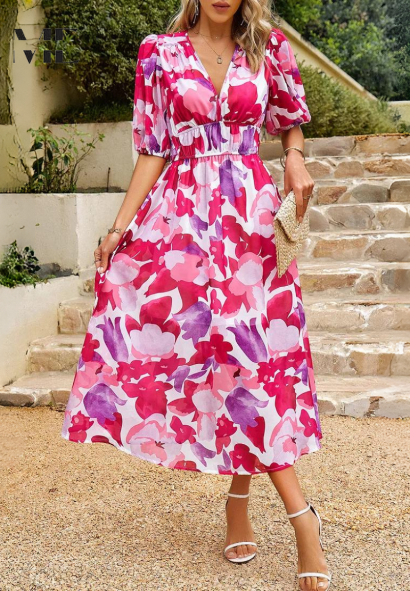 Women's Floral V-Neck Dress Short Sleeves