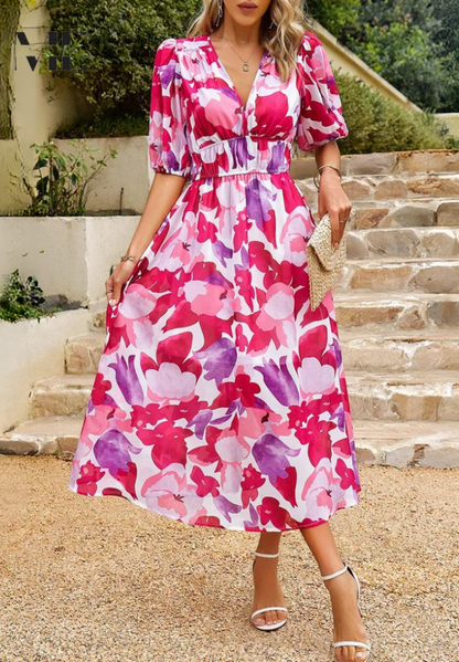 Vibrant Floral Print V Neck Midi Dress for Women