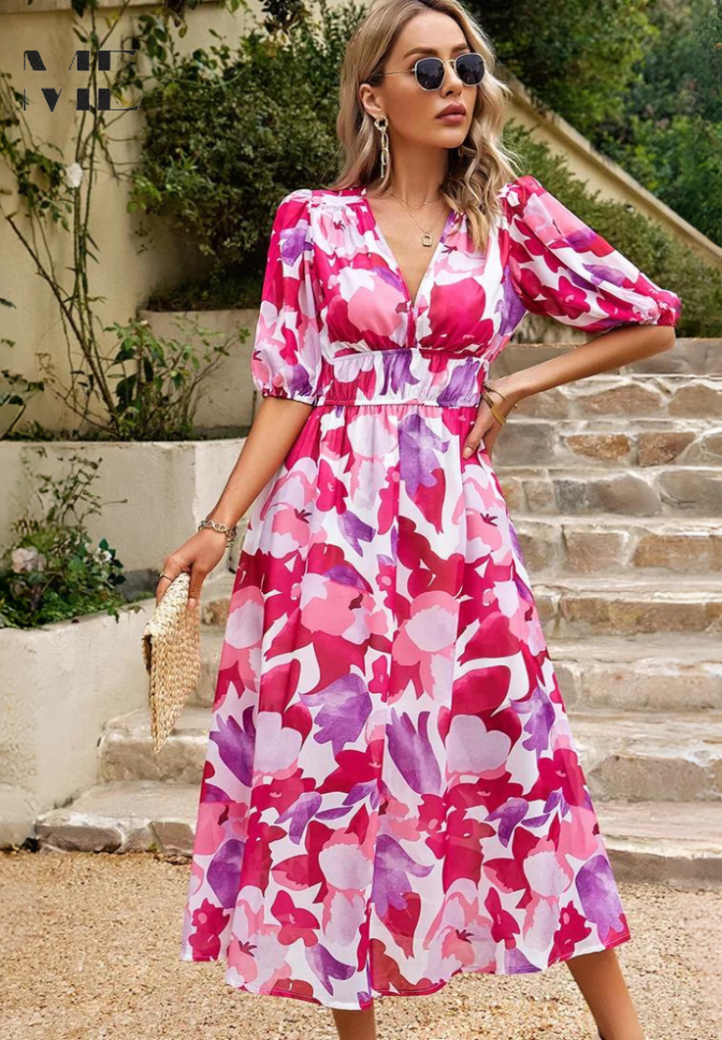 Red Floral Waist Midi Dress for Women