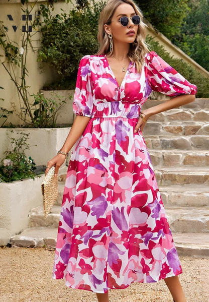 Vibrant Floral Print V Neck Midi Dress for Women