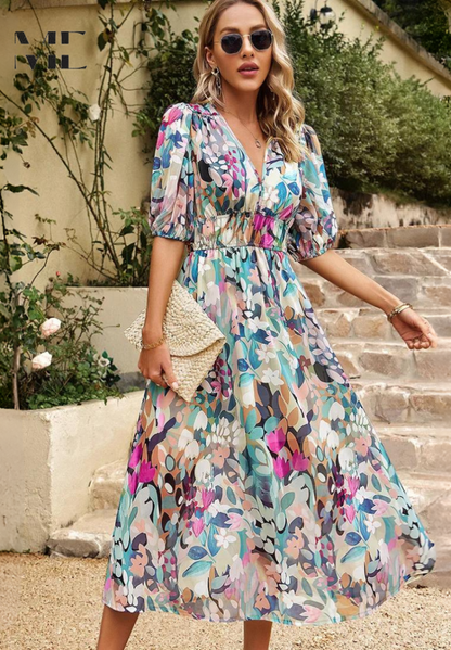 Vibrant Floral Print V Neck Midi Dress for Women
