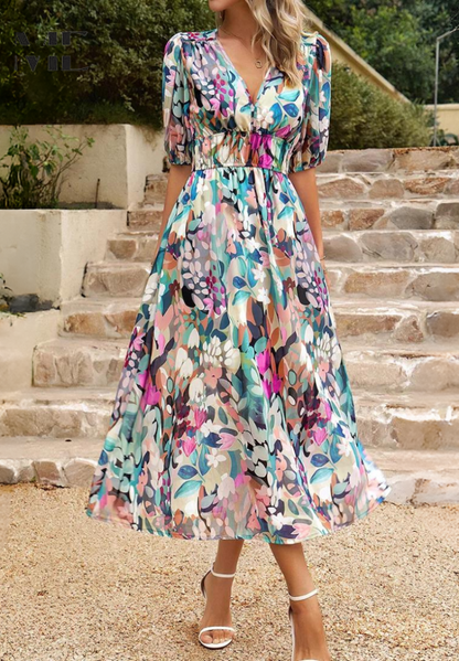 Women's Floral Puff Sleeve Midi Dress