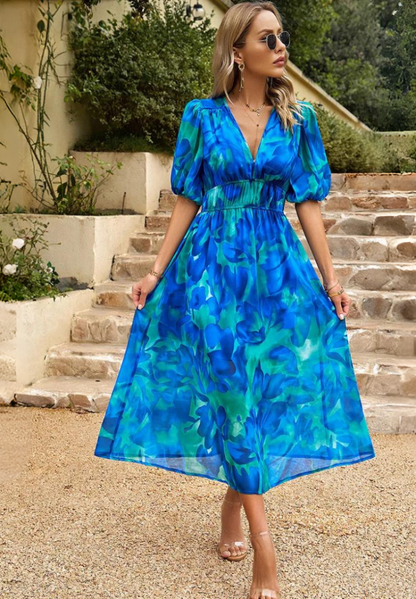 Vibrant Floral Print V Neck Midi Dress for Women