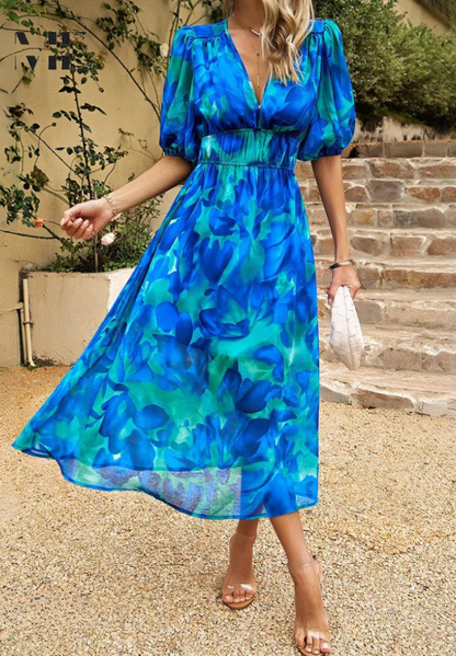 Women's Floral Puff Sleeve Midi Dress