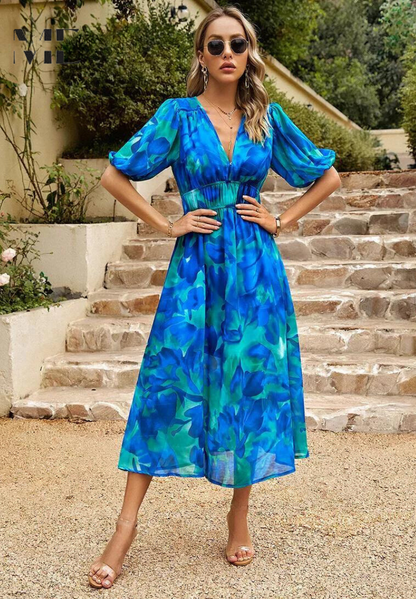 Vibrant Floral Print V Neck Midi Dress for Women