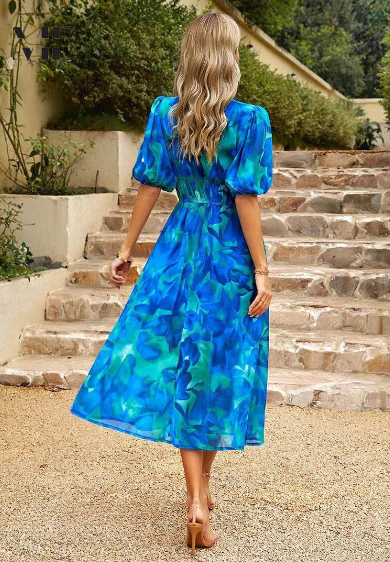 Vibrant Floral Print V Neck Midi Dress for Women