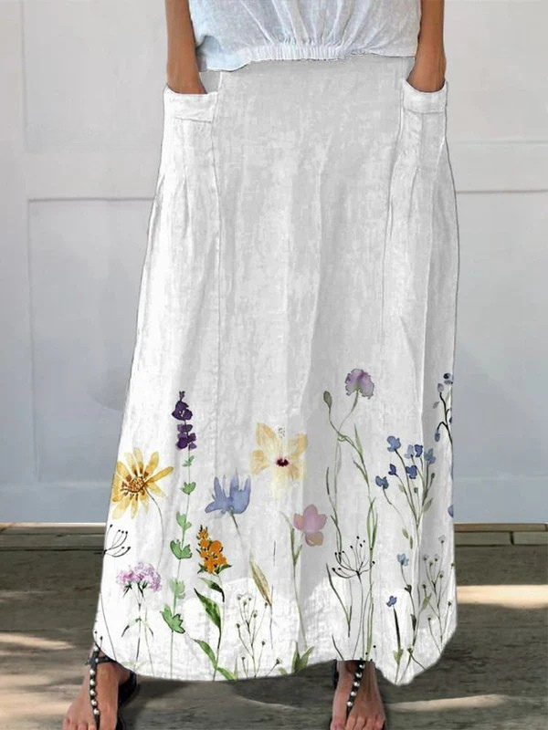 Colorful Floral Elastic Waist Skirt with Pockets - VibreMode