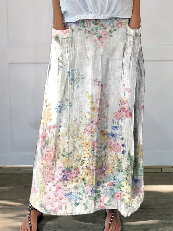 Roxane Floral Midi Skirt with Pockets and Stretch Waist - VibreMode