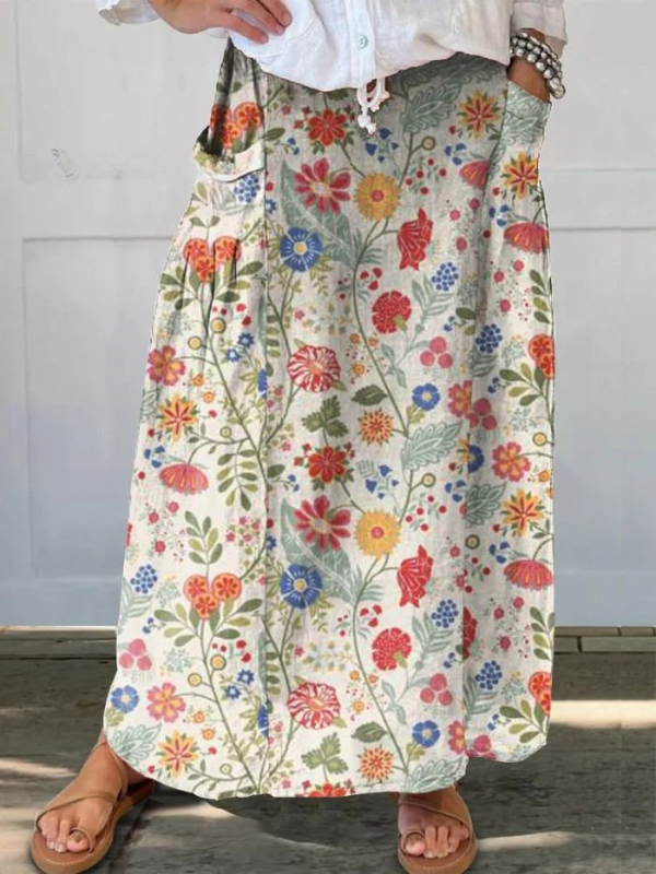 Women's Floral Print Skirt Elastic Waistband With Pocket - VibreMode