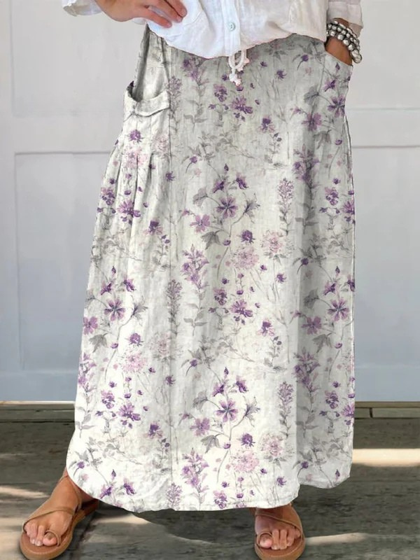 Floral Print Stretch Skirt with Pockets - VibreMode
