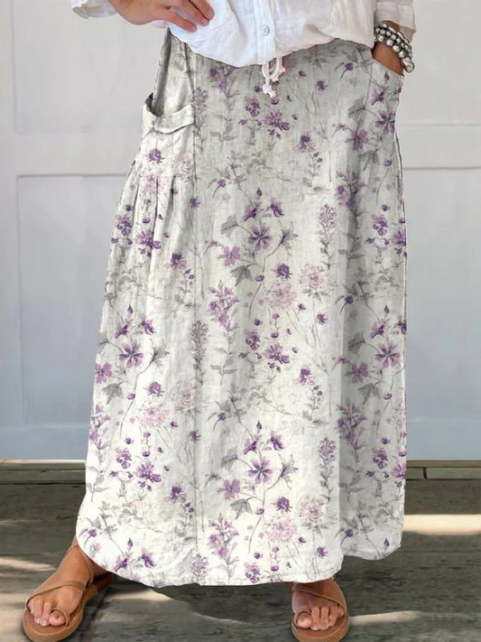 Floral Print Stretch Skirt with Pockets - VibreMode