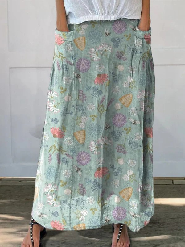 Colorful Floral Pocket Skirt with Bee Design - VibreMode