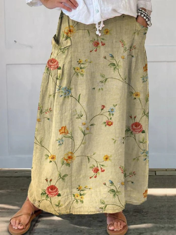 Vintage Chic Floral Print Skirt with Pockets - VibreMode