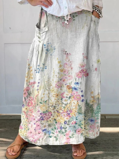 Elegant Floral Pocket Skirt Elastic Waistband
