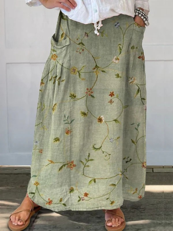 Vintage Floral Print Skirt with Elastic Waist and Pockets - VibreMode