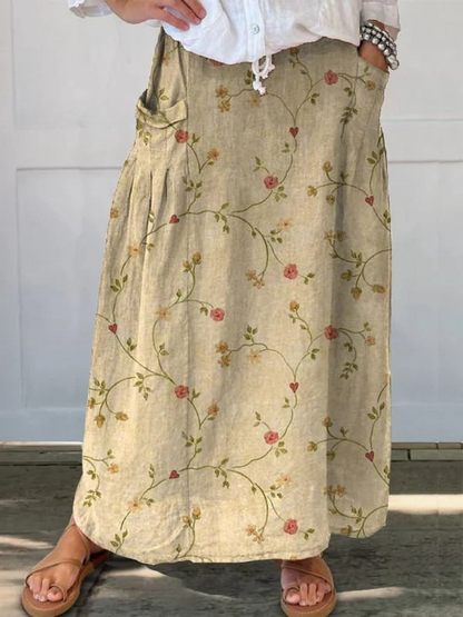 Vintage Floral Print Skirt with Pockets - VibreMode