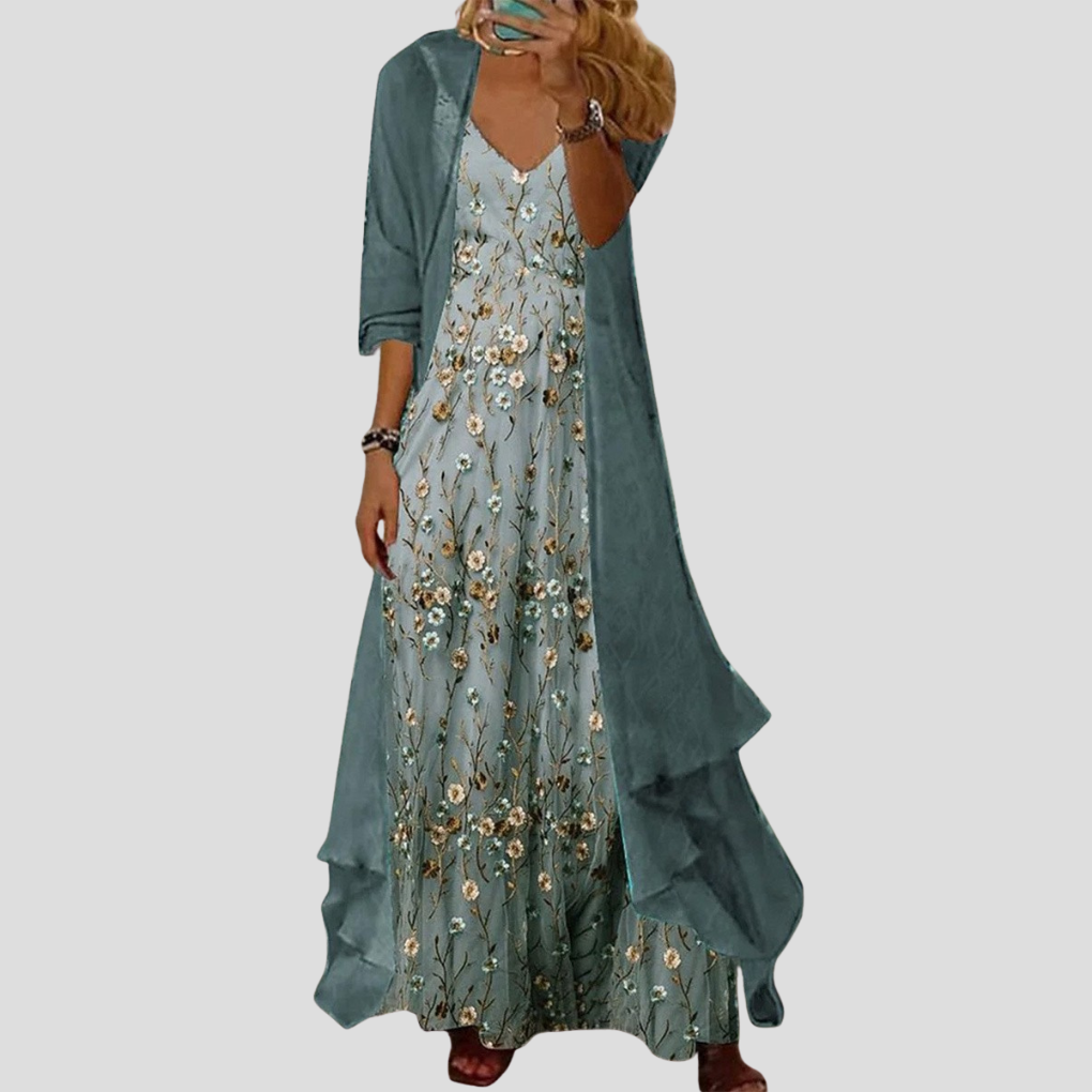 Women's Floral V-Neck Set Green 3/4 Sleeve - VibreMode