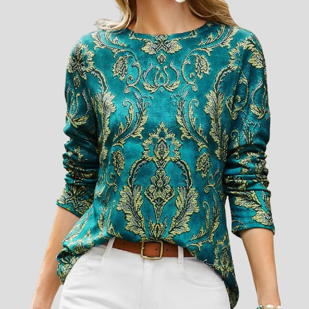 Women's Long-Sleeve Blouse Green Printed - VibreMode