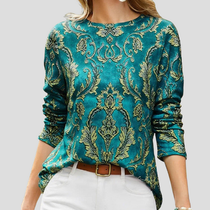 Women's Long-Sleeve Blouse Green Printed - VibreMode
