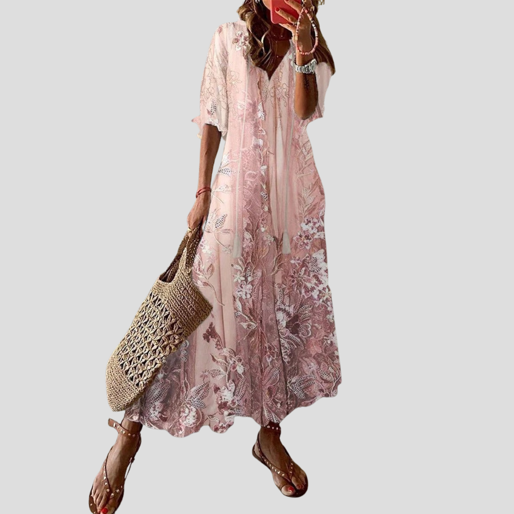 Women's V-Neck Maxi Dress Floral Print Loose Fit - VibreMode