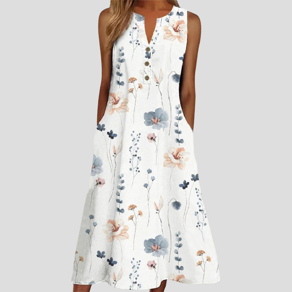 Women's Sleeveless V-Neck Floral Dress White - VibreMode
