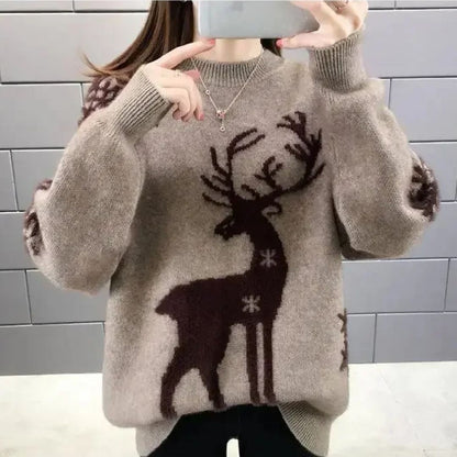 Cozy Reindeer Pattern Holiday Sweater for Women - VibreMode