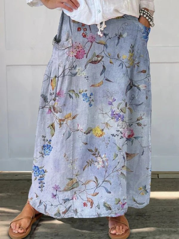 Women's Vintage Blue Floral Pocket Skirt - VibreMode