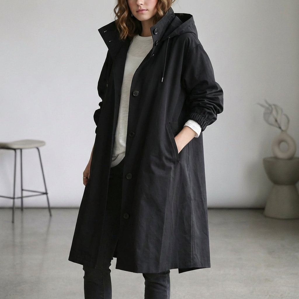 Women's Cotton Midi Trench Coat Hooded Beige