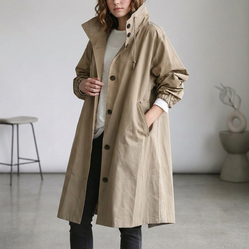 Women's Cotton Midi Trench Coat Hooded Beige