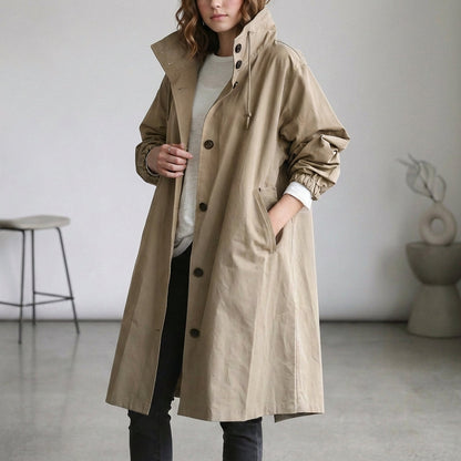 Women's Cotton Midi Trench Coat Hooded Beige