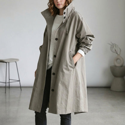 Women's Cotton Midi Trench Coat Hooded Beige - VibreMode