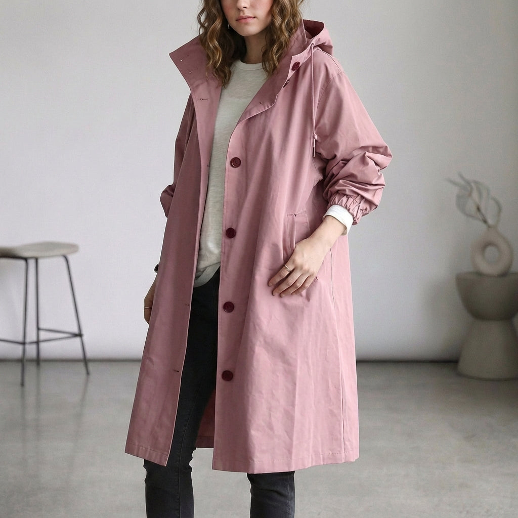 Women's Cotton Midi Trench Coat Hooded Beige