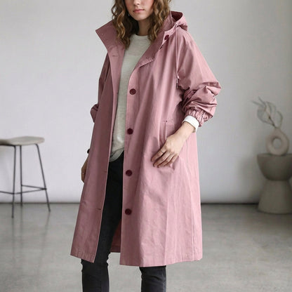 Women's Cotton Midi Trench Coat Hooded Beige