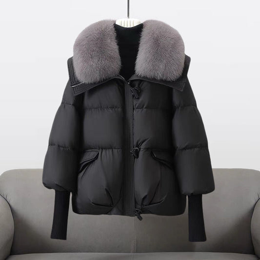 Women's Quilted Puffer Jacket Fur Collar Warm Black - VibreMode