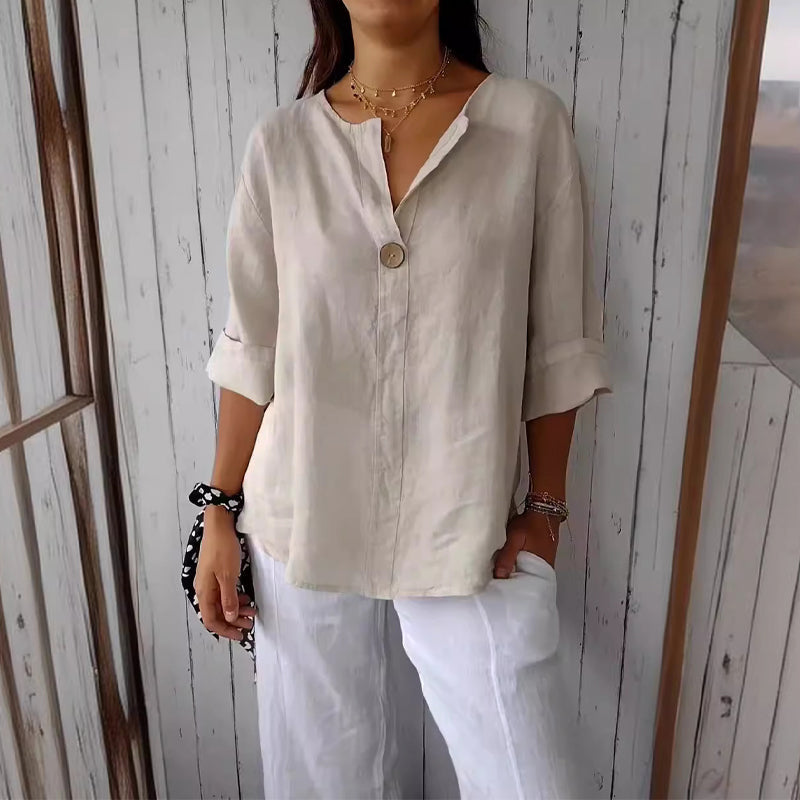Relaxed Fit Cotton V Neck Top - VibreMode
