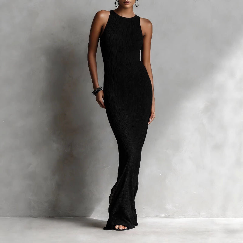 Valentina Rossi Women's Maxi Dress Fitted Ribbed Knit Column Black