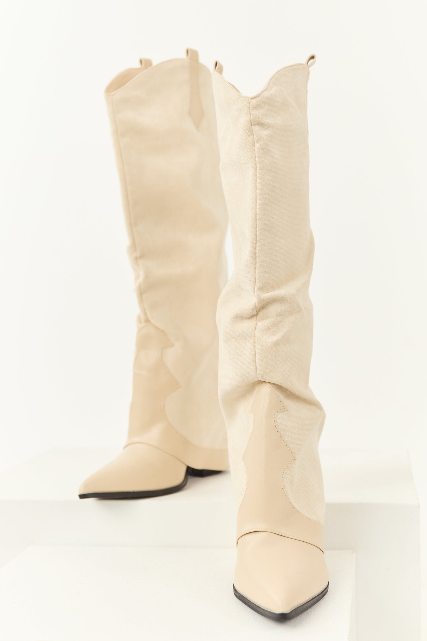 Women's Faux Suede Knee High Boots Overlay Design Beige