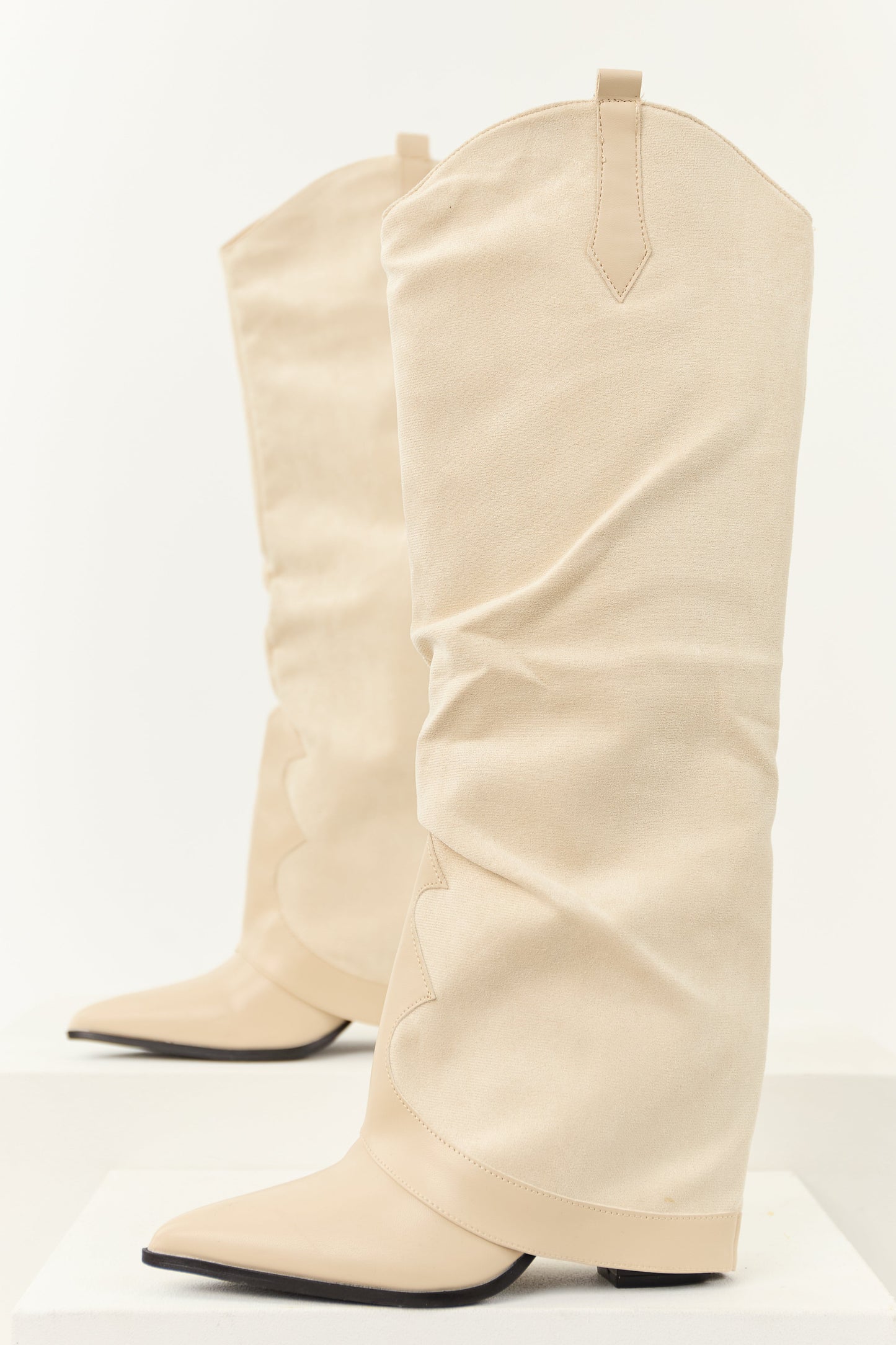 Women's Faux Suede Knee High Boots Overlay Design Beige - VibreMode