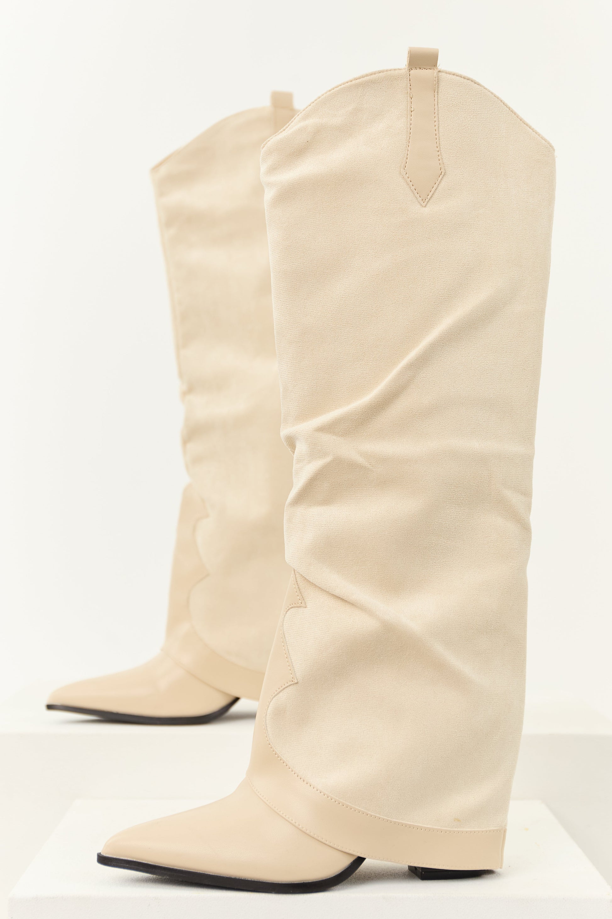 Women's Faux Suede Knee High Boots Overlay Design Beige - VibreMode