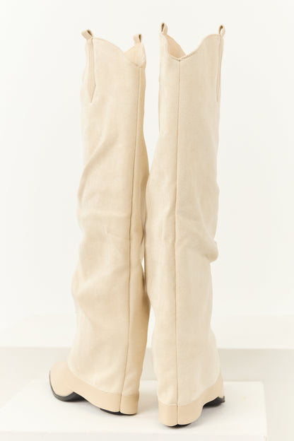 Women's Faux Suede Knee High Boots Overlay Design Beige